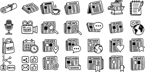 Black and White Line Art News and Media Icons Set. Hand-drawn Outline Symbols for Journalism, Reporting, and Information Communication.