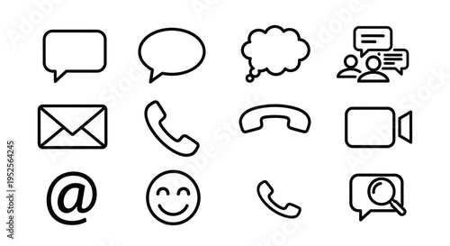 Set of outline communication icons including message, email, phone, and smiley face on an isolated white background.