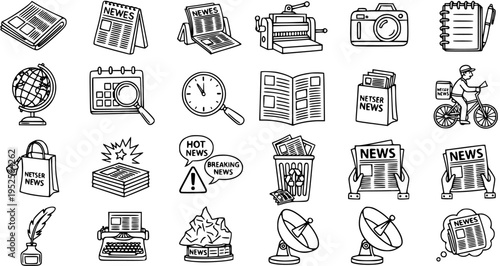 News, Journalism, and Media Black and White Line Art Icons Set. Outline Symbols Collection for Reporting and Communication.