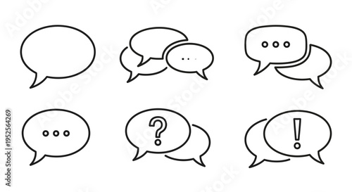 Set of various outline speech and thought bubble icons representing dialogue, questions, and alerts on an isolated white background.