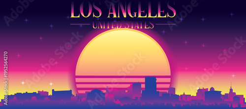 Purple generic retro futuristic synthwave panoramic poster of the city skyline with misty background sunset buildings of LOS ANGELES, UNITED STATES