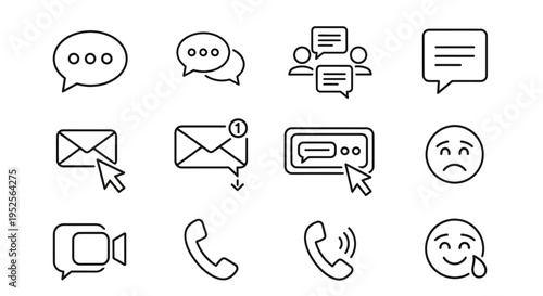 Set of modern outline communication and social media icons including messages, email, video call, and phone on an isolated white background.