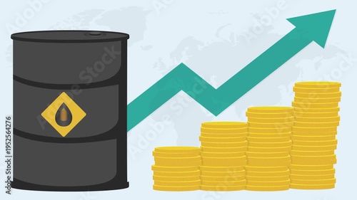 Rising oil prices concept with fuel pump, upward arrow and growing coin stacks global energy inflation