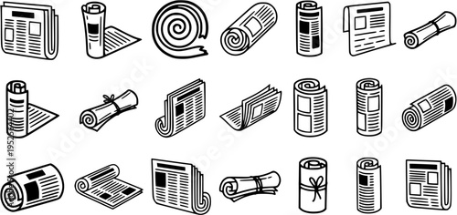 Black and White Line Art Icons of Various Newspapers and Scrolls, News Media Concept