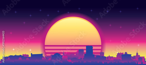 Purple generic retro futuristic synthwave panoramic poster of the city skyline with misty background sunset buildings of LOS ANGELES, UNITED STATES