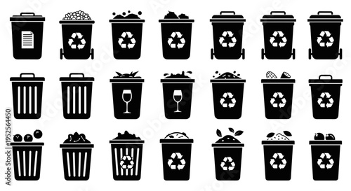 Black and white recycling bins icons.