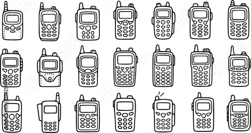 Black and White Line Art Set of Diverse Walkie-Talkies and Mobile Phones, Technology and Communication Icons