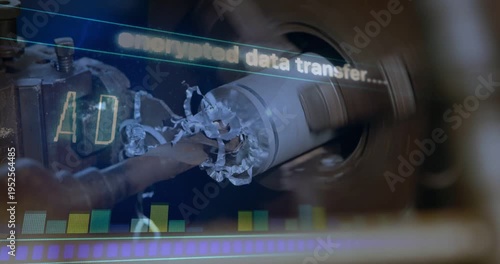 CNC lathe engaging workpiece, ejecting chips while HUD overlay animating ADMINISTRAT for monitoring