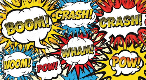 Energetic comic book explosion sound effects with "Boom!", "Crash!", "Wham!", and "Pow!" in a bright studio.