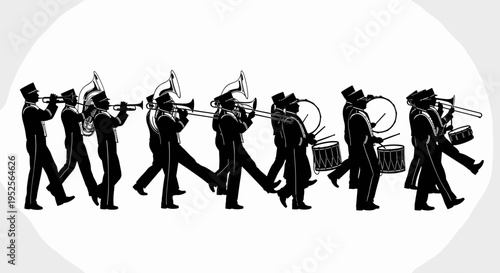 Black silhouettes of marching band musicians.