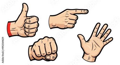 Set of comic style human hand gestures showing thumbs up, pointing, open palm, and fist on an isolated white background.