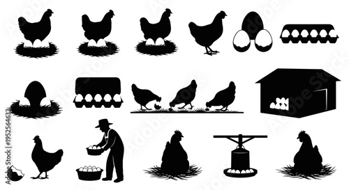 Black silhouettes of chickens and farmer.