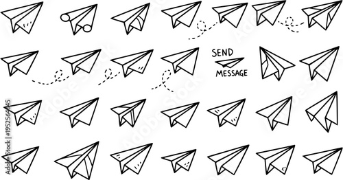 Black and White Line Art Paper Airplanes Flying, Concept for Communication and Sending Messages