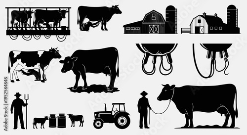 Black silhouettes of cows and farmer.