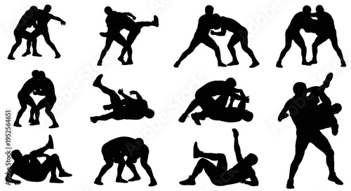 Black silhouettes of men wrestling moves.