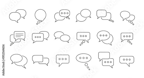 Large collection of diverse outline speech and thought bubbles for communication on an isolated white background.