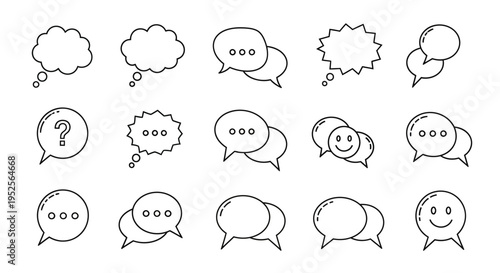 Set of comic style speech and thought bubbles with question, ellipses, and happy emoticon on an isolated white background.