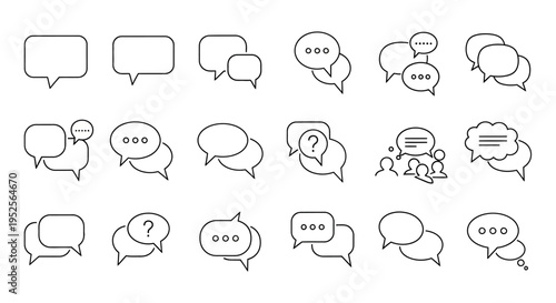 Collection of outline speech and thought bubbles with question marks and ellipses on an isolated white background.