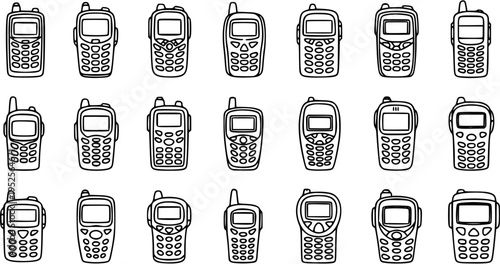 Black and White Line Art Icons of Various Vintage Cell Phones and Mobile Phones