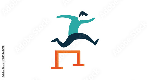 A stylized figure in teal and dark blue is captured mid-air, leaping over an orange hurdle, symbolizing overcoming challenges.