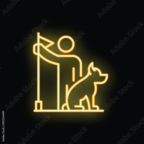 Neon sign icon of a golfer holding a flag next to his dog, in yellow