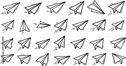 Communication Industry Hand-Drawn Black and White Line Art Paper Airplanes Doodle Icons Seamless Pattern