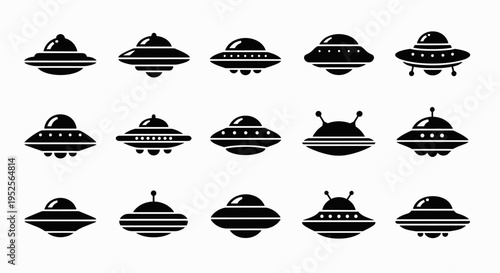 Black silhouettes of various UFOs flying.