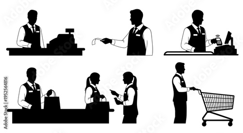 Black silhouettes of store clerks working.