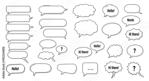 Collection of diverse speech and thought bubbles, text and symbols, outlined, isolated white background.