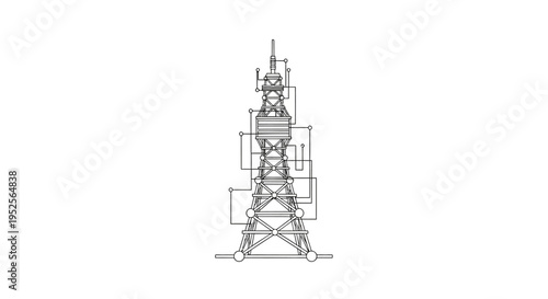 Intricate communication tower, detailed structural elements, line art, isolated white background.