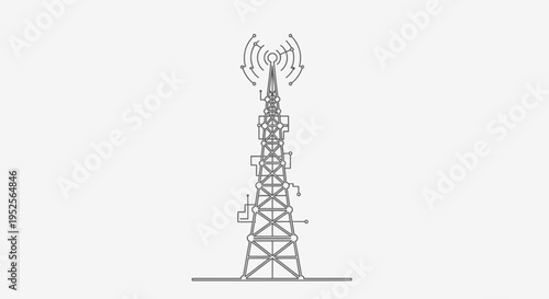 Modern communication tower emitting radio waves, wireless connectivity, isolated white background.