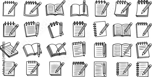 Education and Writing Stationery Doodle Icons: Hand-Drawn Black and White Line Art Set of Notebooks, Pencils, and Books for School and Office Themes