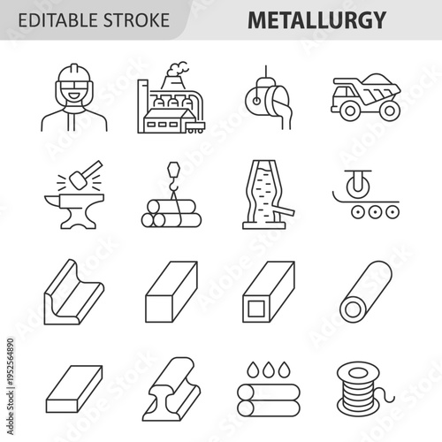 Metallurgy vector icons set. Linear symbols of worker, metallurgical plant, blast furnace, quarry dump truck and metal product. Industrial technology vector illustration. Editable stroke.
