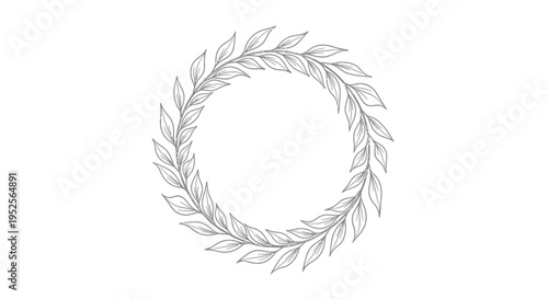 Classic line art laurel wreath, detailed circular border, isolated white background.