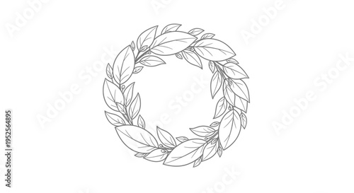Elegant line art laurel wreath, circular frame, isolated white background.