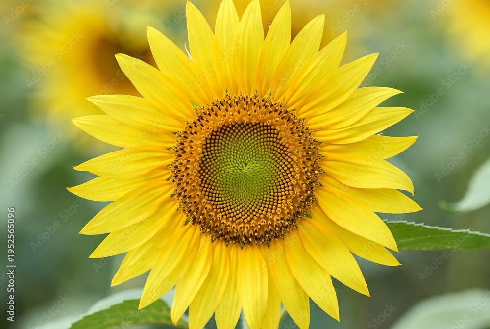 Obraz premium A vibrant sunflower stands prominently against a blurred green background.