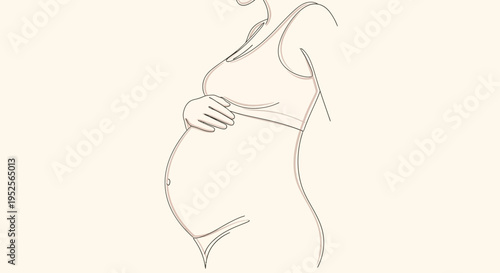 Outline of Pregnant Woman's Belly in Profile with Hands Gently on Stomach on Light Beige Background