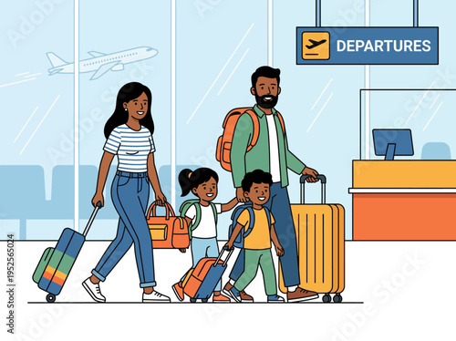 An illustrated family adventure at the airport, showing parents and children with luggage, ready for their vacation departure, depicting the excitement of travel and new journeys ahead