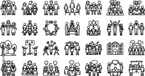 People, Community  Business Black Line Art Icons Set: Teamwork, Family, Social Interaction, Education, and Meeting Outline Vector Graphics Collection.