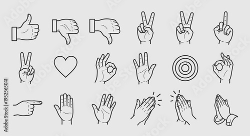 Collection of Hand Gestures Expressing Various Emotions and Commands on Light Grey Background