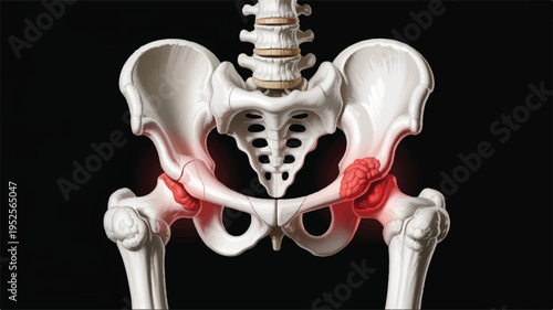 Hip Joint Anatomy Illustration: An illuminating medical illustration showcasing the detailed structure of the human hip joint, highlighted with areas of potential pain or inflammation.