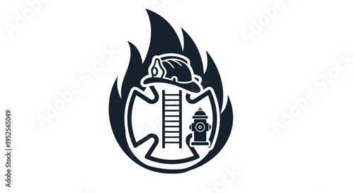 Firefighter Helmet Ladder and Fire Hydrant in Flames Circular Badge Icon on Isolated White Background