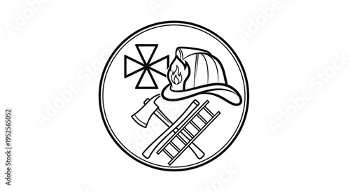 Firefighter Cross Helmet Axe and Ladder Symbols in Circular Outline on Isolated White Background