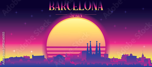 Purple generic retro futuristic synthwave panoramic poster of the city skyline with misty background sunset buildings of BARCELONA, SPAIN