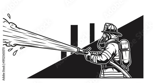 Firefighter with Oxygen Mask Holding Fire Hose and Spraying Water Side View on Isolated White Background