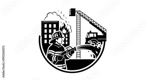 Firefighter Fighting Fire with Fire Truck and Burning Building in City Scene Circular Frame