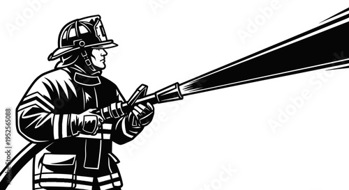 Firefighter Holding Fire Hose and Spraying Narrow Water Stream on Isolated White Background