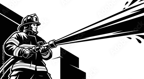 Firefighter Holding Fire Hose and Spraying Powerful Water Stream Side View on Isolated White Background