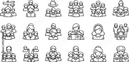 Black and White Line Art Icons Representing Diverse Groups of People and Teams