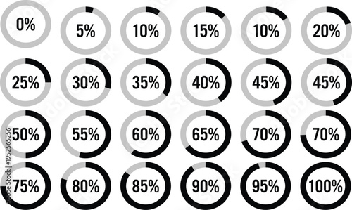 Circular progress bars set, percentage indicators from 0 to 100, infographic loading rings, UI dashboard elements, vector design